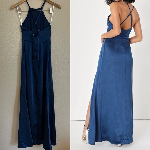 NWOT Born to Captivate Blue Satin Backless Maxi Dress - Picture 3 of 7